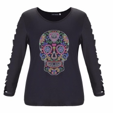 Hequ Kepala Tengkorak Berwarna-warni Dicetak T-Shirt Manik-manik Women Casual Long Hollow Baju Lengan Lengan Hitam-Intl