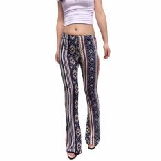 Hequ Wanita Kasual Longgar Flare Pants Calcas Stripes Geometris Cetak Pinggang Elastis Penuh Celana Perna Pantai Pantalones Orange- INTL