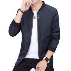 Hequ Jaket Pria Warna Solid Mantel Pria Keren Kerah Bisbol Jaket Kasual Merek Pria Mantel Jaket Hitam-Intl