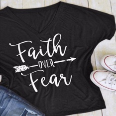 Hequ Summer Fashion Casual Letters Printed T-Shirt Short Sleeves Faith Over Fear Arrow Tee Tops Black - intl