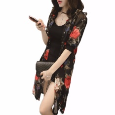Hequ Wanita Chiffon Cardigan Kimono Cetak Musim Panas Pantai Blus Sifon Kemeja Tabir Surya Kardigan Merah-Intl