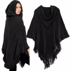 Hequ Wanita Rajutan Hoodie Batwing Poncho Cape Sweater Ladies Outwear Wrap Coat Tops Hitam