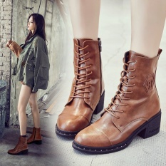 Bertumit Tinggi Martin Boots 2017 Baru Boots dengan Kulit Tebal Boots Di Jantung Inggris Wanita Boots (Brown) -Intl