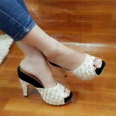 High Heels Wanita Kerja Pesta Brokat H. Kokop Brukat Polos Cream HM01