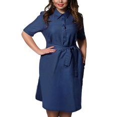 Kualitas Tinggi 2017 New Designer Wanita Plus Ukuran Baju Kemeja Lurus Casual Vestidos Sashes Kasual Wanita Gaun Denim 6XL Besar Lutut Panjang (biru Muda) -Intl