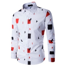 Pria untuk Musim Gugur Berkualitas Tinggi Ramping Kapas Casual Shirt Geometris Cetak Baju Lengan Panjang Pria Pakaian-Intl