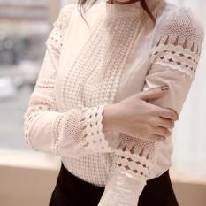 Tinggi Kualitas Spring Musim Gugur Wanita Lengan Panjang Blus Tipis Dasar Tops Hollow Lace Kemeja untuk Wanita XXXL (putih) -Intl
