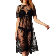 Tinggi Kualitas Store Baru Bikini Cover-up Long Black See Through Beach Wear Renda Gaun Musim Panas Wanita Gaun Pengantin Dress Midi Lengan Pendek O Leher Int: S-Hitam