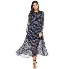 Kualitas Tinggi Sunweb Wanita Jersey Rayon Leher-O Bomber Lengan Panjang Polka Titik Panjang Besar Pesta Pantai Gaun (Gelap Biru) -Internasional