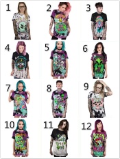 Wanita Berkualitas Tinggi Sepatu Dansa Hitam Digital Skull Alien 3D Dicetak O Katun T-Shirt Casual Hewan Kreatif Short Sleeve Tops- Wanita Ukuran L/XL Gaya #3-Intl