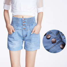 Pinggang Panjang Denim untuk Wanita Elastis Pinggang Lengan Besar Yang Lelah Wide Leg JEAN Celana Pendek Biru Muda-Internasional