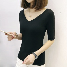 Hitam V neck lebar baju kaos wanita Lengan Sedang depan belakang Ganda V Halter Ketat Atasan lengan setengah panjang membentuk tubuh Terlihat Langsing katun Baju Dalaman