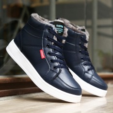 Hitam Kecil Laki-laki Remaja Siswa Pergelangan Kaki Tinggi Sepatu Boots (666 Biru Tambah Beludru)