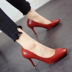 Hitam Modis Logam Musim Semi Baru Tebal With Sepatu Tumit Berkepala Persegi Sepatu Wanita (Bata Merah)