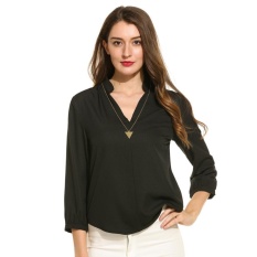 Hot Jaket Bomber ASTAR untuk Wanita V-Neck Lengan Tiga Perempat Solid Berlipat Kain Sutera Tipis Top Tanpa Lengan Wanita (Hitam)-Intl