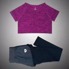 Hot Pink Perempuan Berlari Lari Olahraga Kebugaran Yoga Palsu Dua Potong Setelan Legging + T-shirt Yang Menjalankan The Sports Yoga Yang Ditetapkan