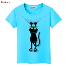 Diskon besar-besaran musim panas nakal hitam kucing 3D t-shirt kartun wanita cantik kualitas bagus merek baju atasan kasual yang nyaman M (biru)- International