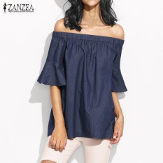 Diskon Besar-besaran ZANZEA Atasan Wanita Musim Panas Atasan Kerah Sebahu Ruffles Kasual Longgar Ukuran Lebih (Biru) -Intl
