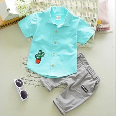 Hot Jual Musim Panas dan Musim Semi 2 Pcs Boy Shirt + Celana Anak-anak Tampan Pakaian Warna Anak-anak Suit Blue Set- INTL