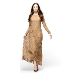 Hot Vintage Women Wear Lace Long Sleeve Maxi Dress Kaftan Abaya Islamic Muslim (Pink)