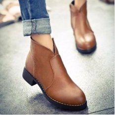 Hot Sepatu Bot Pergelangan Kaki Punk Kulit Hitam Ritsleting Kasual BLOK MID Tumit Sepatu BROWN-Intl