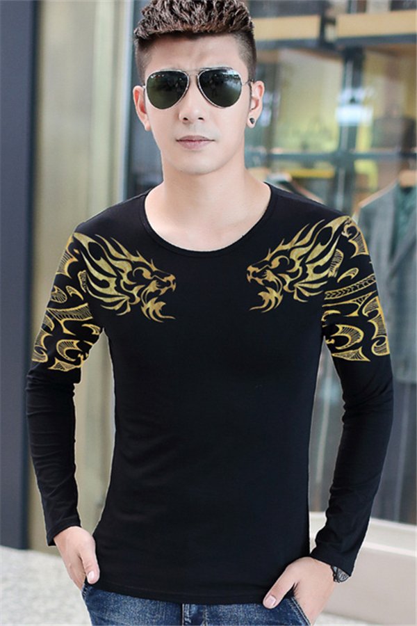 Hotyv Korea Fashion Panjang Lengan Dragon Printing Casual T-shirt untuk Pria Hst039 Hitam