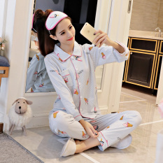 Imut Katun Perempuan Lengan Panjang Olahraga Musim Gugur Katun Baju Tidur (Biru Es Krim Set)