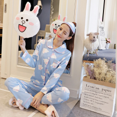 Imut Katun Perempuan Lengan Panjang Olahraga Musim Gugur Katun Baju Tidur (Putih Kepala Kelinci Set)