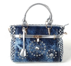 Tas Birkin Jinjing Wanita Kain Denim Bertatahan Berlian (Koboi Biru Dengan Pu Perak) (Koboi Biru Dengan Pu Perak)