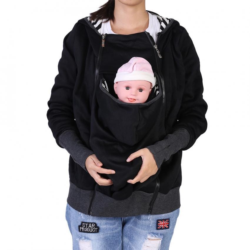 Bayi Carrier Maternity Zip Jaket Mantel Hoodie Gaya Kanguru untuk Ibu dan Bayi (Hitam M)-Intl