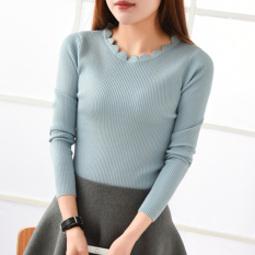 Irak Tarik Kabel Warna Solid Pullover Lengan Panjang Baju Dalaman Pendek Kemeja Rajut (Light Blue)