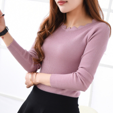 Irak Tarik Kabel Warna Solid Pullover Lengan Panjang Baju Dalaman Pendek Kemeja Rajut (Merah Muda)