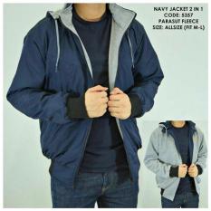 J_E fashion jaket pria DC parasut bolak-balik biru tua-abu muda