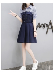 Jahitan Lengan Panjang Bergaris Seolah-olah Dua Potongan Rok Kaos (Seolah-olah Dua Potongan) baju wanita dress wanita Gaun wanita