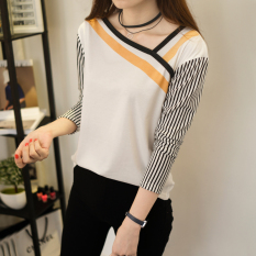 Baju Lengan Panjang Garis Kerah Miring Ukuran Besar Wanita Gaya Korea