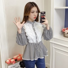 Jahitan Pinggir Berenda Semi And Baru Renda Blus Bayi Doll (Hitam atau Putih Lengan Bergaris)