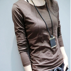 Jahitan Warna Polos Perempuan Perempuan Atasan Baju Musim Gugur Korea Modis Gaya Lengan Panjang Kaus (Coklat Muda Yang Mendalam)