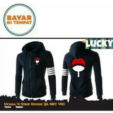 Jaket Anime Hoodie Zipper Naruto Sasuke Uchiha 4 Strip Black Best Seller