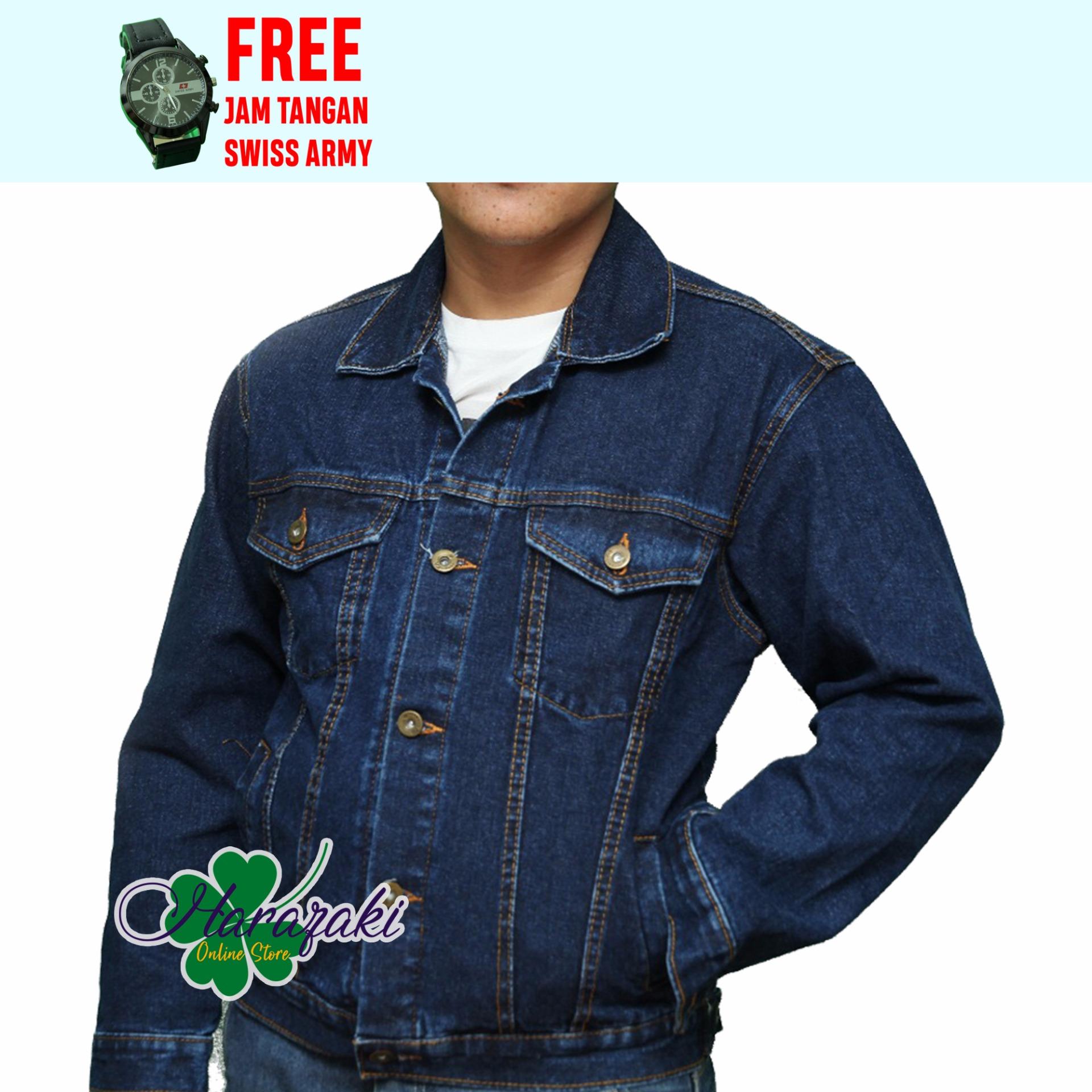 jaket denim pria/jaket jeans pria model kancing(free jam tangan swiss army)