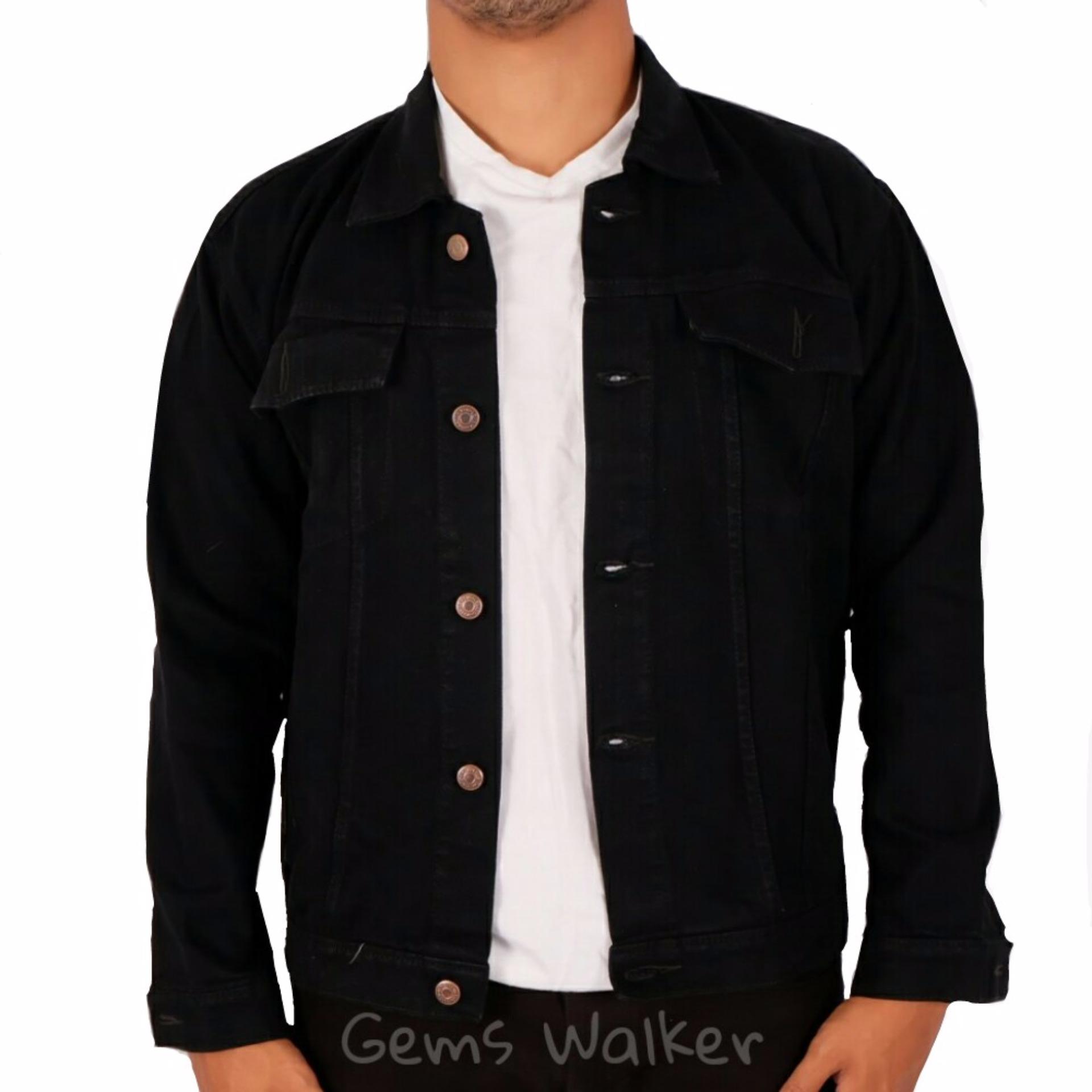 Jaket Jeans Denim Pria Hitam Body Fit 