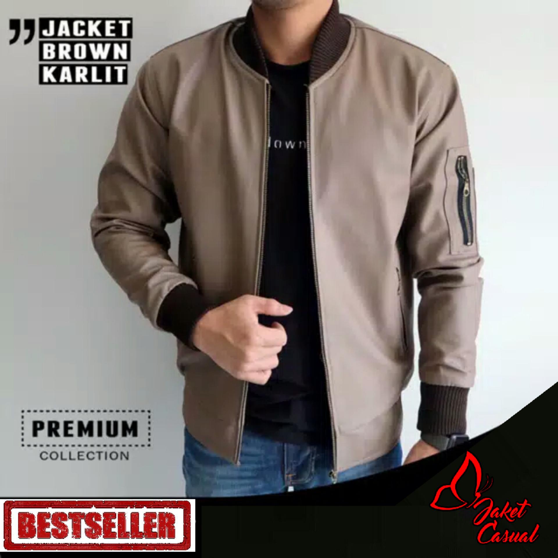 Jaket Kulit Bomber Warna Mocca / Casual Bomber Pria