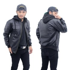 Jaket kulit pria bertudung/ hoodie keren ( hitam )