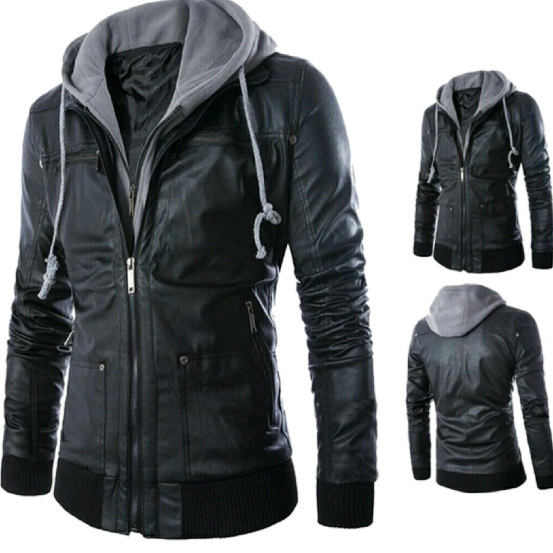 jaket kulit sintetis pria hoodie plis katun
