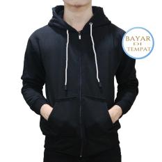 Jaket Sweater Polos Hoodie Zipper Hitam Tali Putih - Unisex