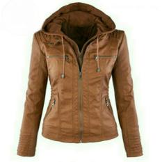 jaket wanita kulit sintetis hoodie plis katun TAN