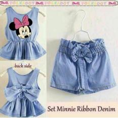 J&C Setelan Minnie Ribbon Denim / Setelan Anak Perempuan / Mini Dress Anak / Midi Dress Anak / Setelan Denim Anak