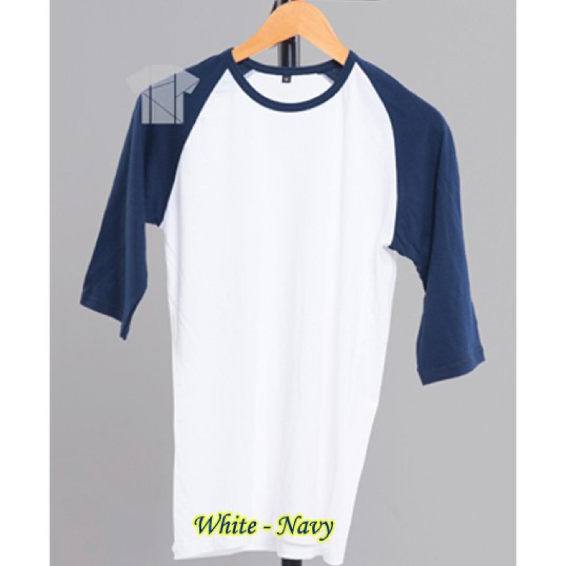 Kaos Polos Raglan 3/4 Pria/Wanita - Kombinasi Putih Navy Murah Model Terbaru-JY