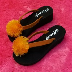 Sandal Spon Wanita Wedges Jepit Pom Pom Model Terbaru Murah-JY