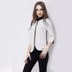 Jfashion Blus Wanita Dewasa Tangan 3/4 Gaya Korea Kombinasi List Hitam - Christine