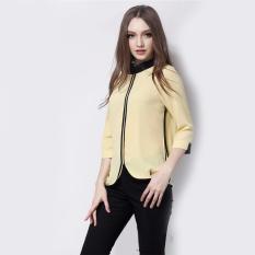Jfashion Blus Wanita Dewasa Tangan 3/4 Gaya Korea Kombinasi List Hitam - Christine